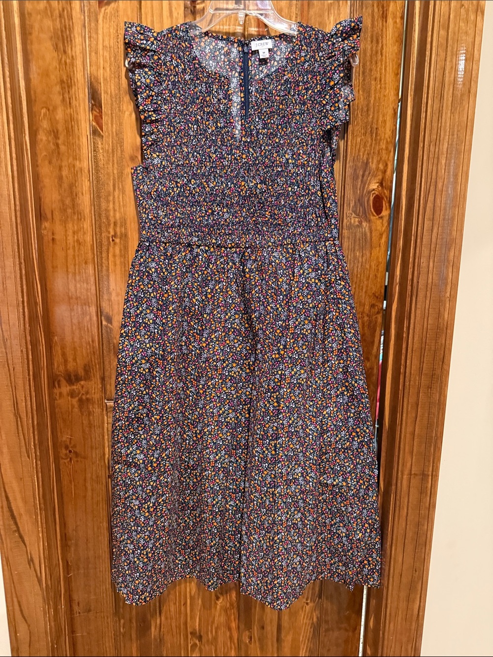 J Crew Facitry Navy Floral Smocked Midi Dress